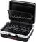 An open, black tool case with multiple compartments and slots for tools, suitable for neatly storing equipment.