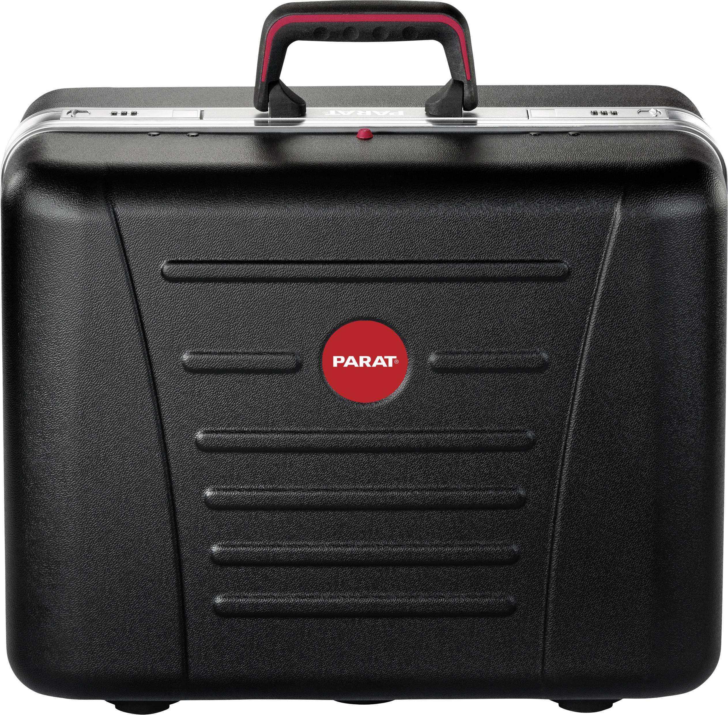 Black tool case with handle, red accents, brand name 'PARAT' centred at the front on a red circle, closed.