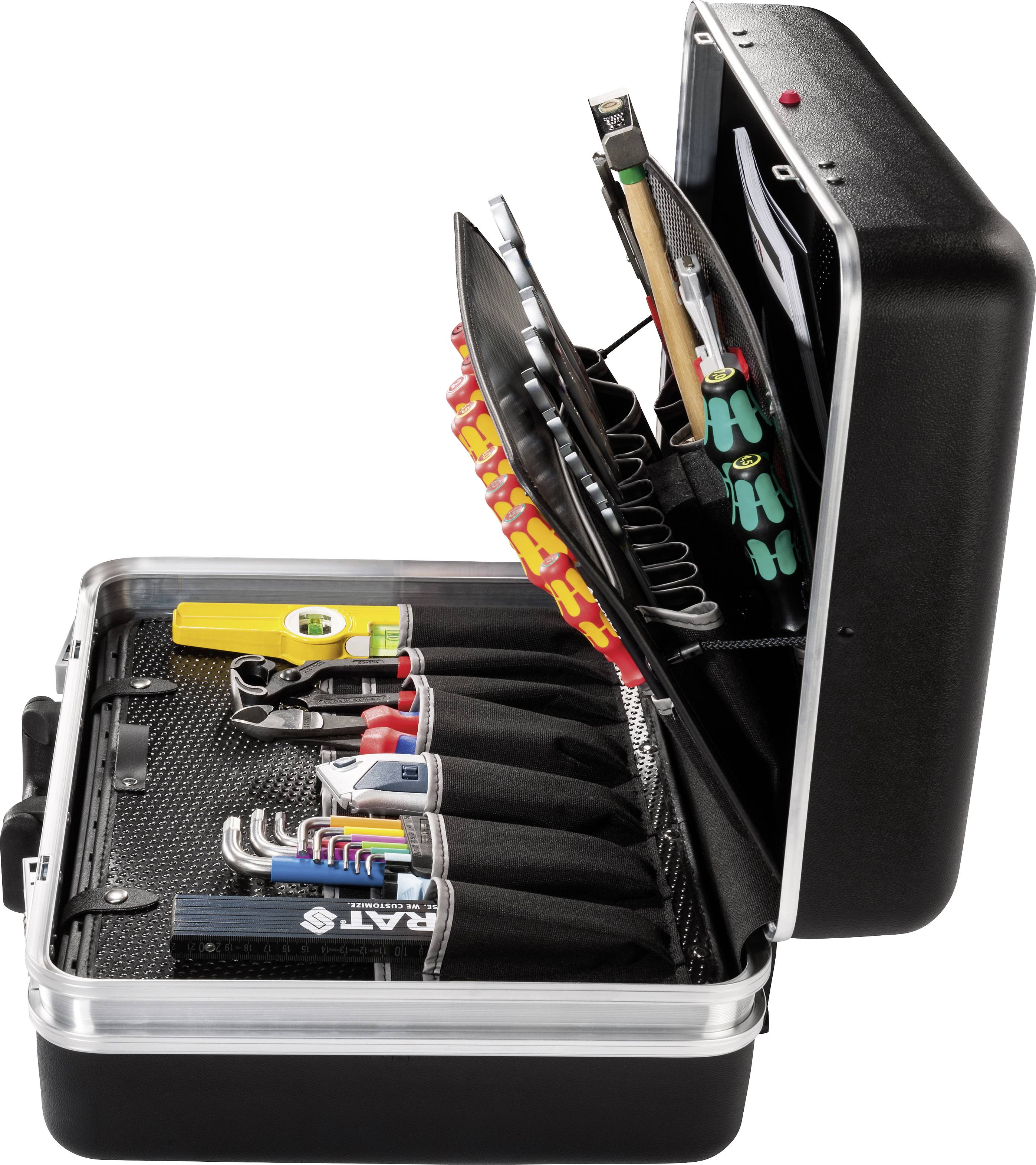An open toolbox with various tools such as screwdrivers, hammer, spirit level and Allen keys, carefully organised.