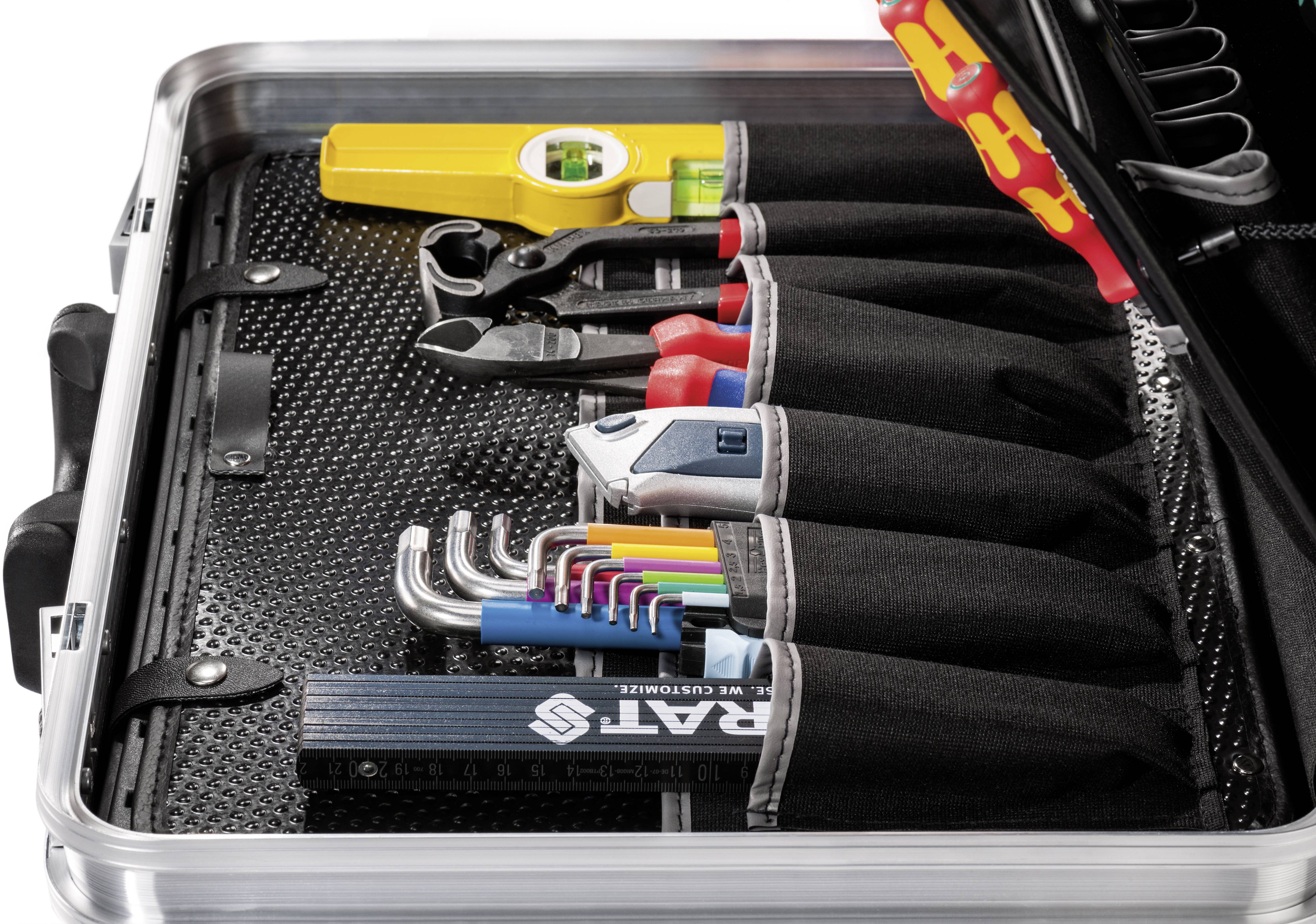Tool kit with an open lid displaying various tools, including screwdrivers, pliers, and Allen keys, neatly arranged.