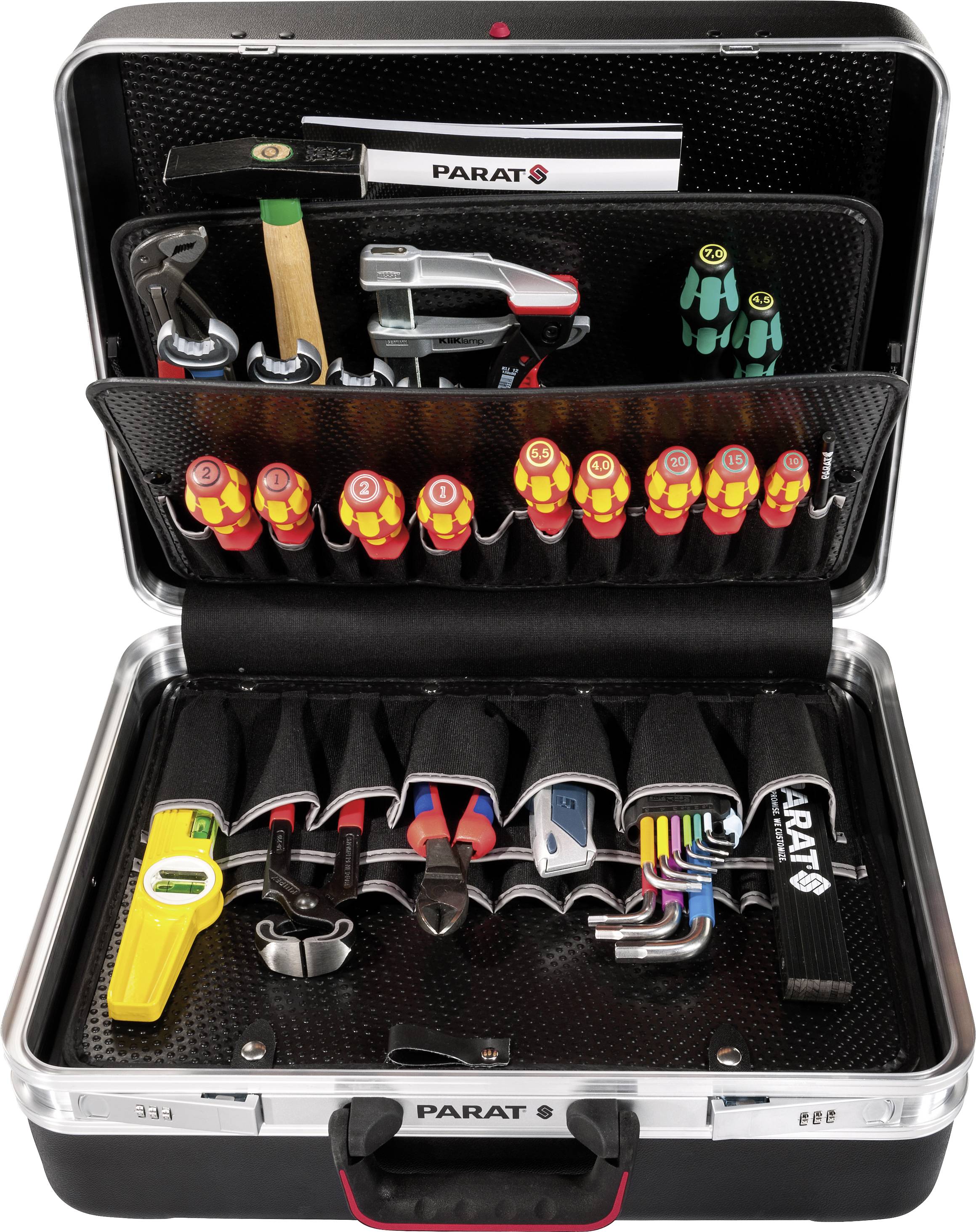 Opened toolbox with various hand tools such as screwdrivers, hammer, pliers, Allen keys and tape measure.