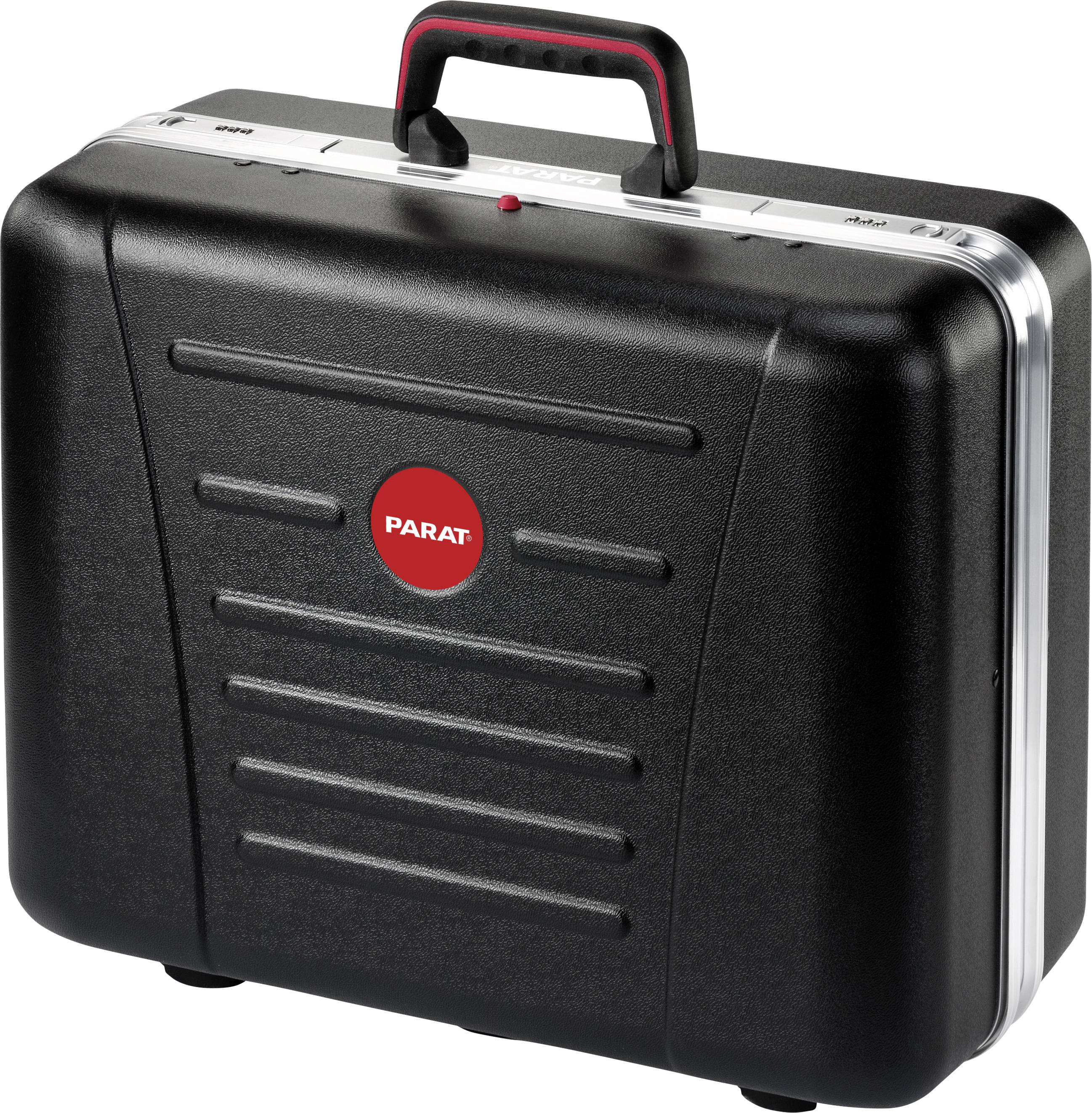 A black suitcase with a red 'PARAT' logo in the centre. The suitcase has a carry handle and appears sturdy and professional.