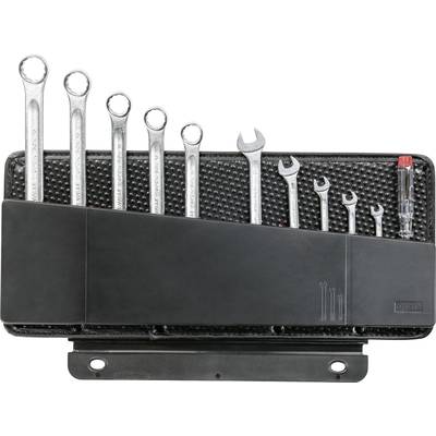 A set of nine spanners and a screwdriver in a black holder, neatly arranged by size.