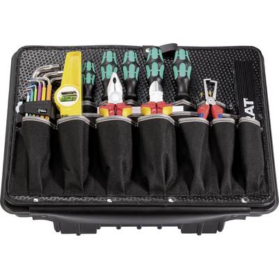 An open toolbox containing various hand tools such as screwdrivers, pliers, and a spanner set.