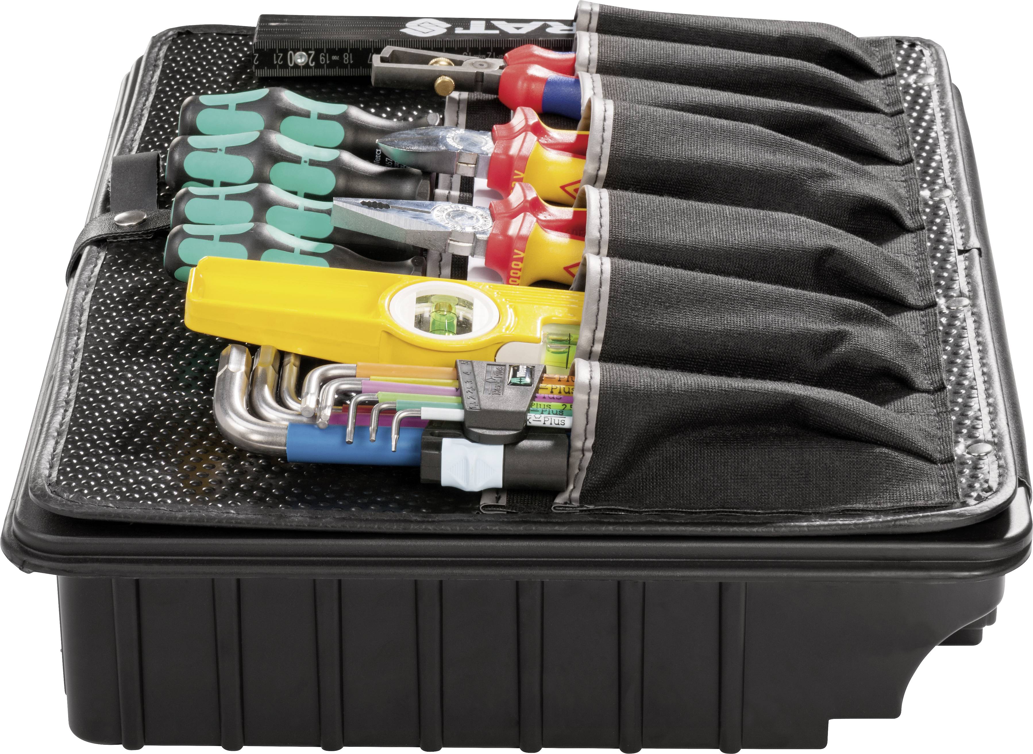 An open toolbox with various tools such as screwdrivers, spirit level, and Allen keys, neatly organised.