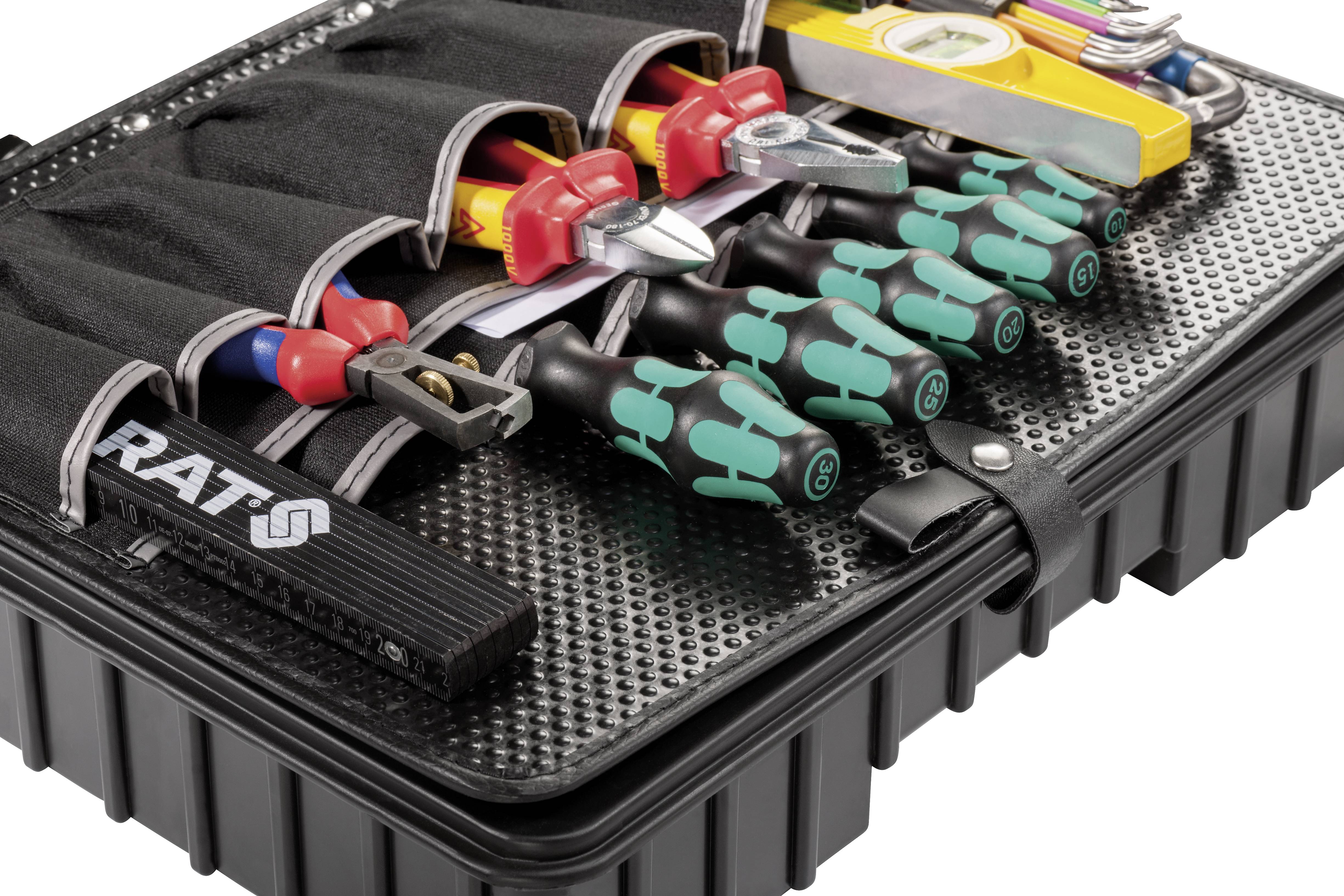 Toolbox with various tools such as screwdrivers, pliers and spirit level, neatly arranged in compartments.