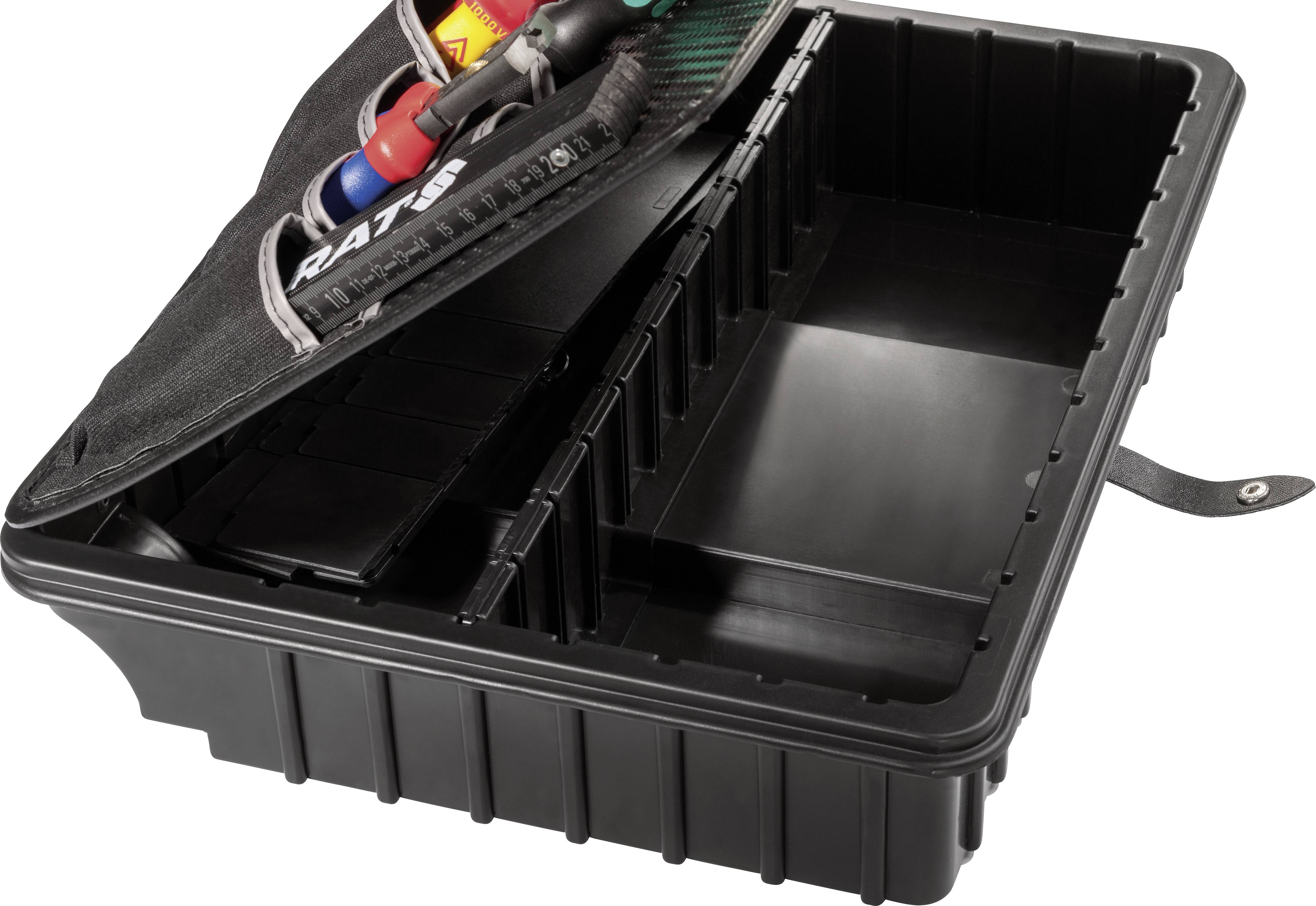 An opened black toolbox with multiple compartments. Some tools are lying on top, partially obscured by a cover.