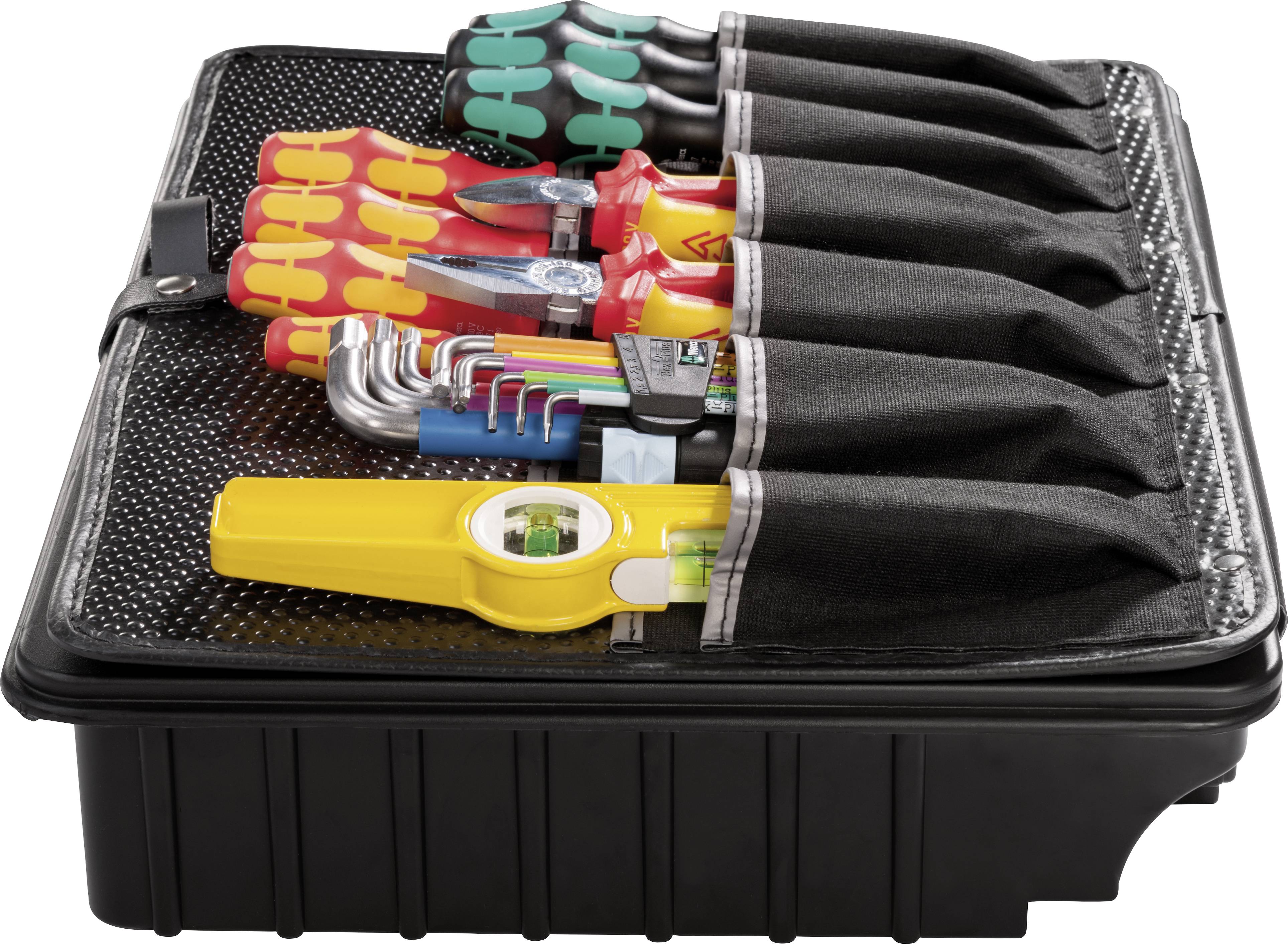 An open toolbox with various hand tools such as screwdrivers, pliers, and a spirit level.