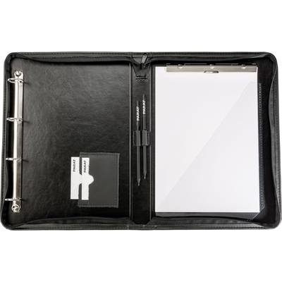 Black folder with two pens, notepad, and space for business cards or documents, ideal for meetings or presentations.