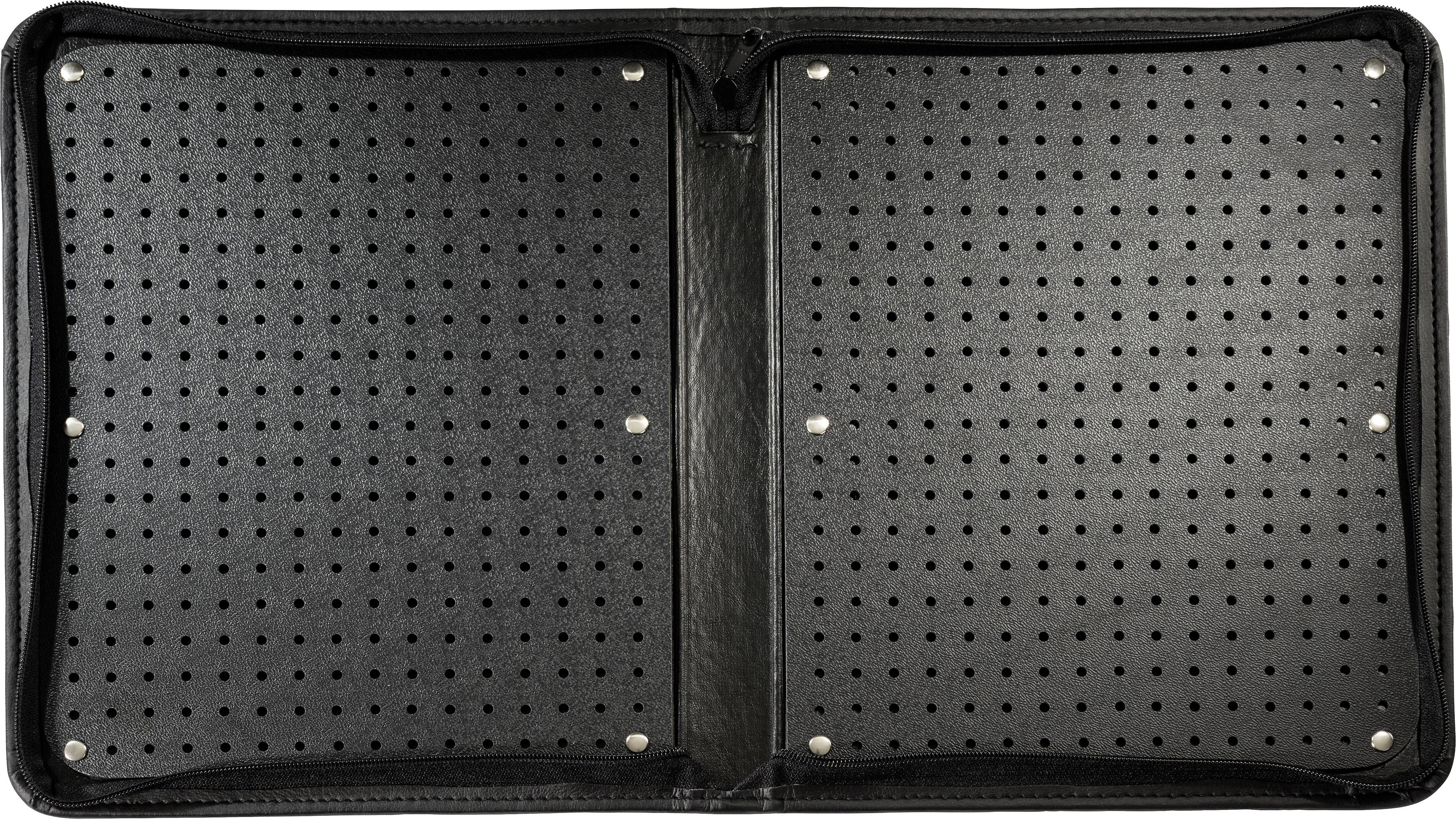 Black leather case with holes, opened and lying flat, shows rivets for attachment.