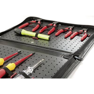 An open tool bag displays a range of screwdrivers and pliers. A green screwdriver lies next to red pliers.