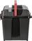 Black battery box with red carrying handle, side view. Robust, rectangular shape for safe transportation and storage of batteries.