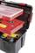 Toolbox with an open lid displaying various tools and accessories: screwdrivers, spanners, and drill bits.