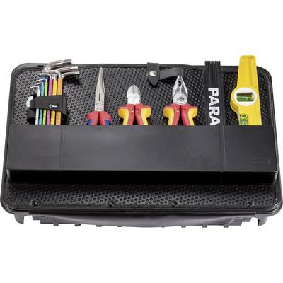 'Toolbox with various tools: Allen keys, pliers, cable cutters, spirit level and ruler.'