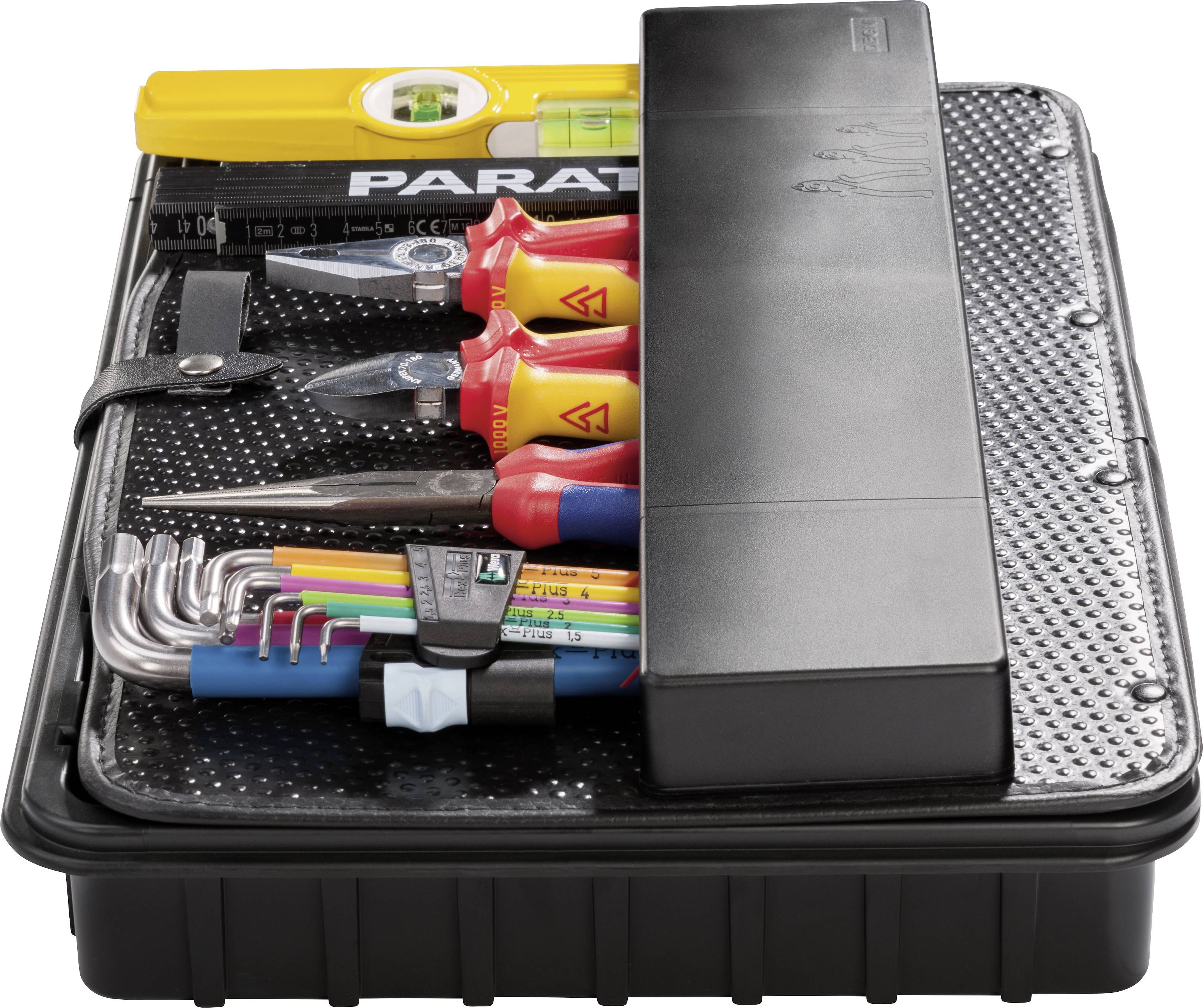 Toolbox with various tools: pliers, screwdrivers, Allen keys, spirit level. Ideal for repair work.