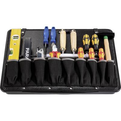 An open black case containing various tools, including a spirit level, screwdrivers, pliers and a hammer.