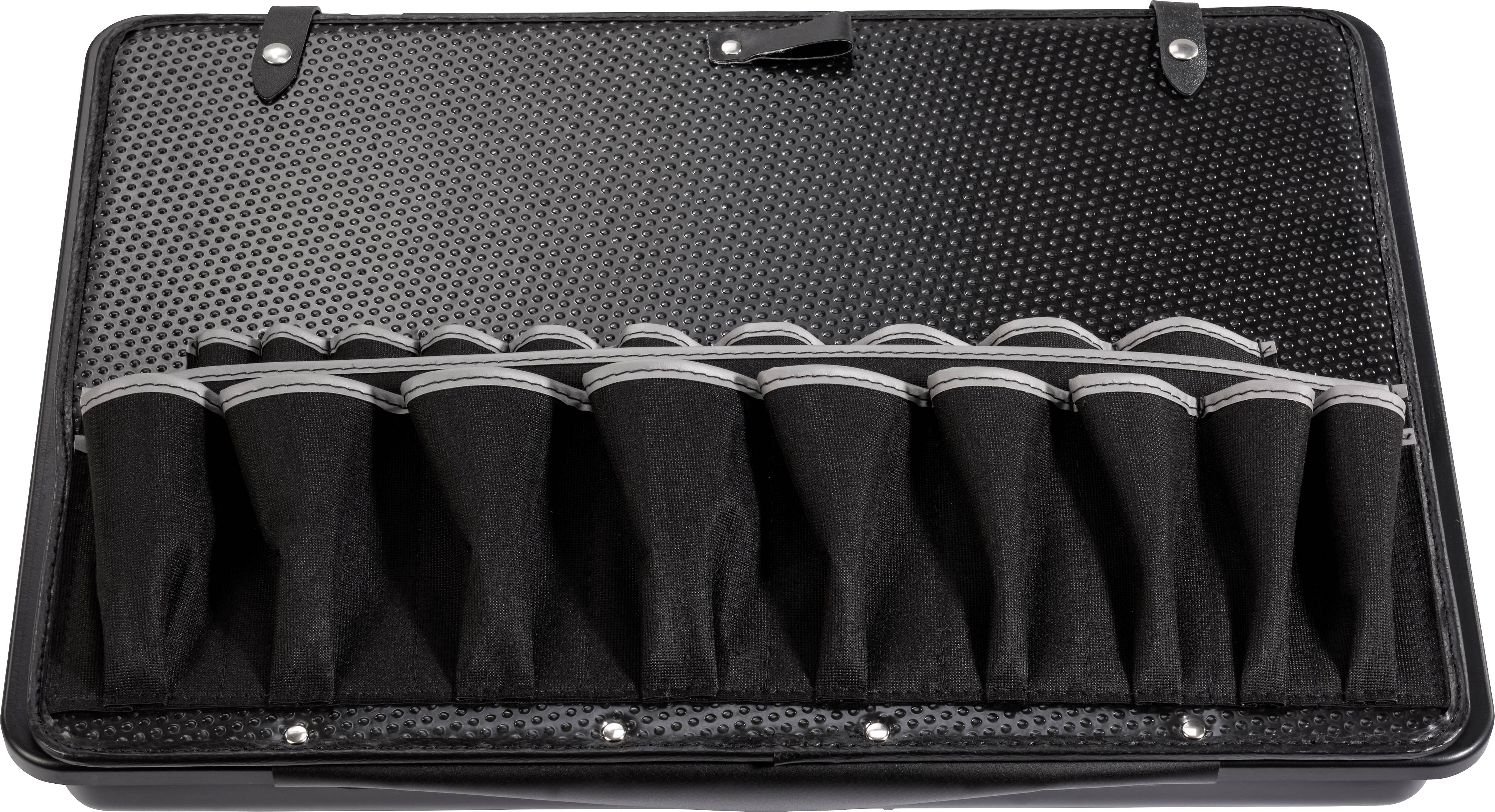 A black case with multiple compartments, each containing a cone made of black fabric. The case has a textured pattern.