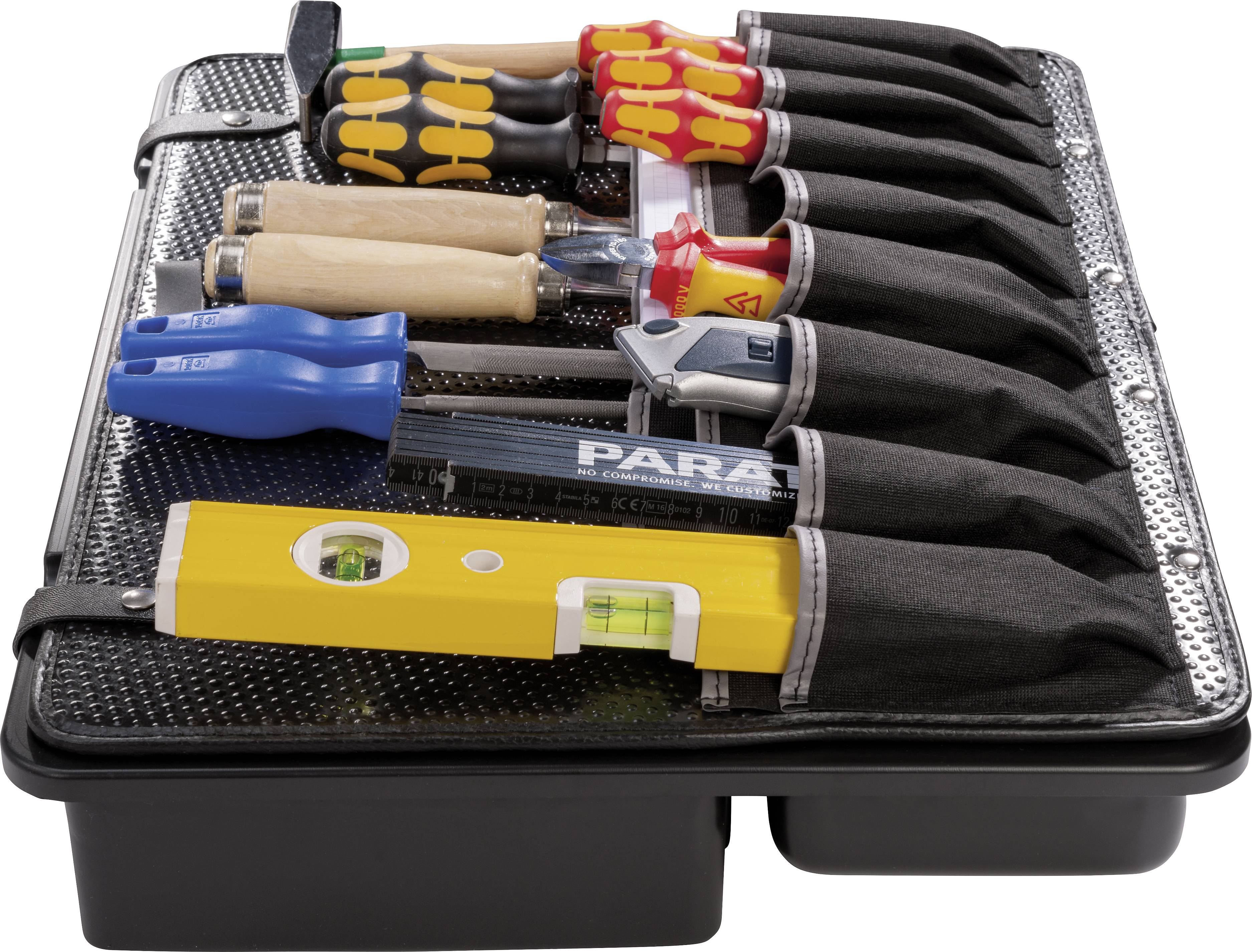 Toolbox with various hand tools such as screwdrivers, spirit level and craft knife, organised in compartments.