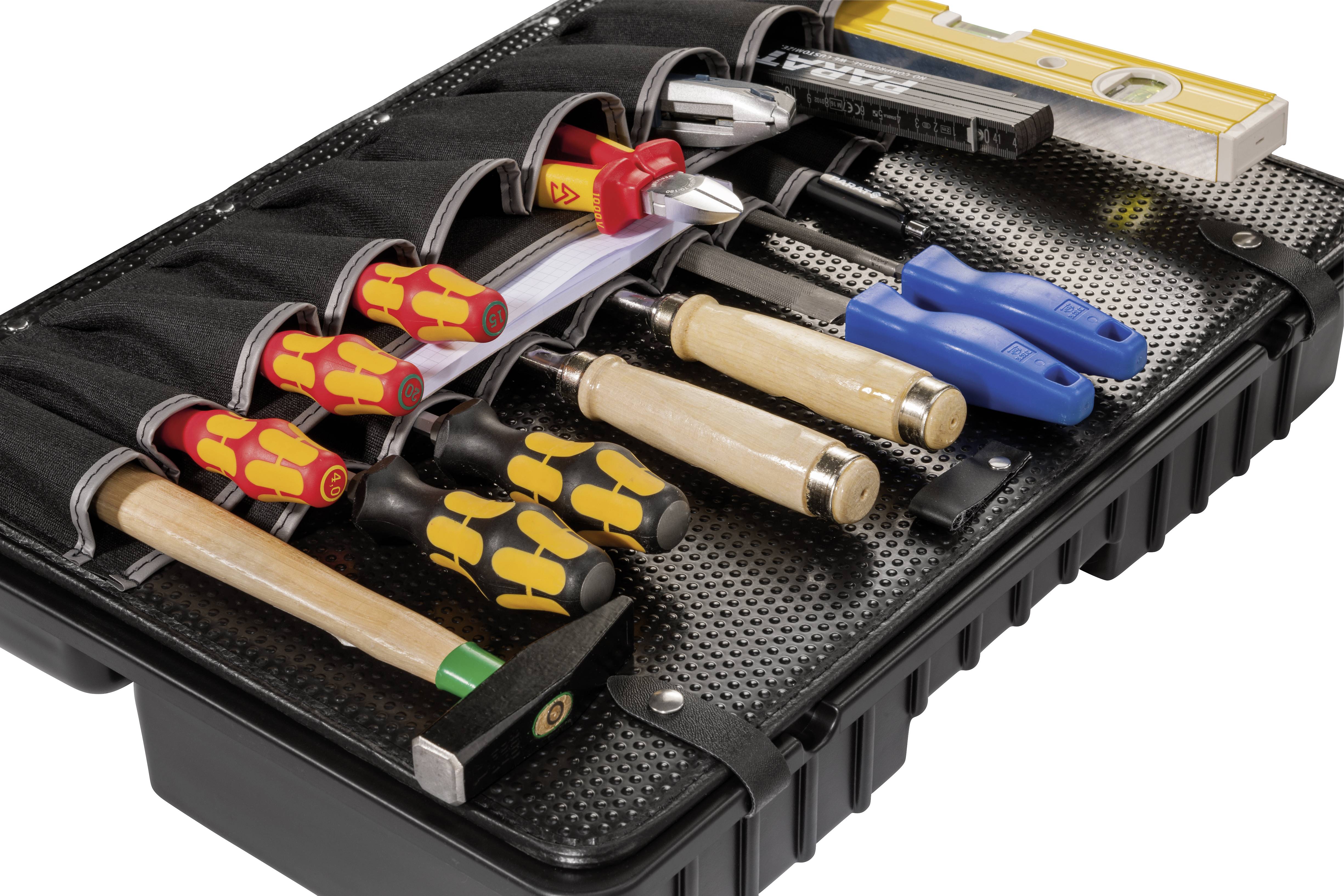 Various hand tools such as screwdrivers, pliers and a spirit level in an open toolbox.