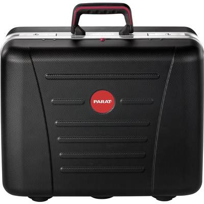 A black, robust suitcase with a red 'PARAT' logo in the centre and a handle on top, ideal for securely transporting tools.