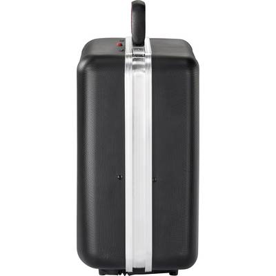 A black, upright hard-shell suitcase with a handle on top, side view.
