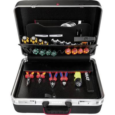 Open toolbox with various screwdrivers, pliers and a torch, neatly arranged in compartments.
