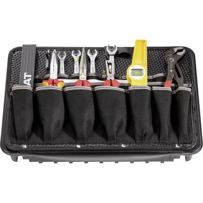 A toolbox with various hand tools such as spanners, pliers, and a multimeter, neatly arranged.