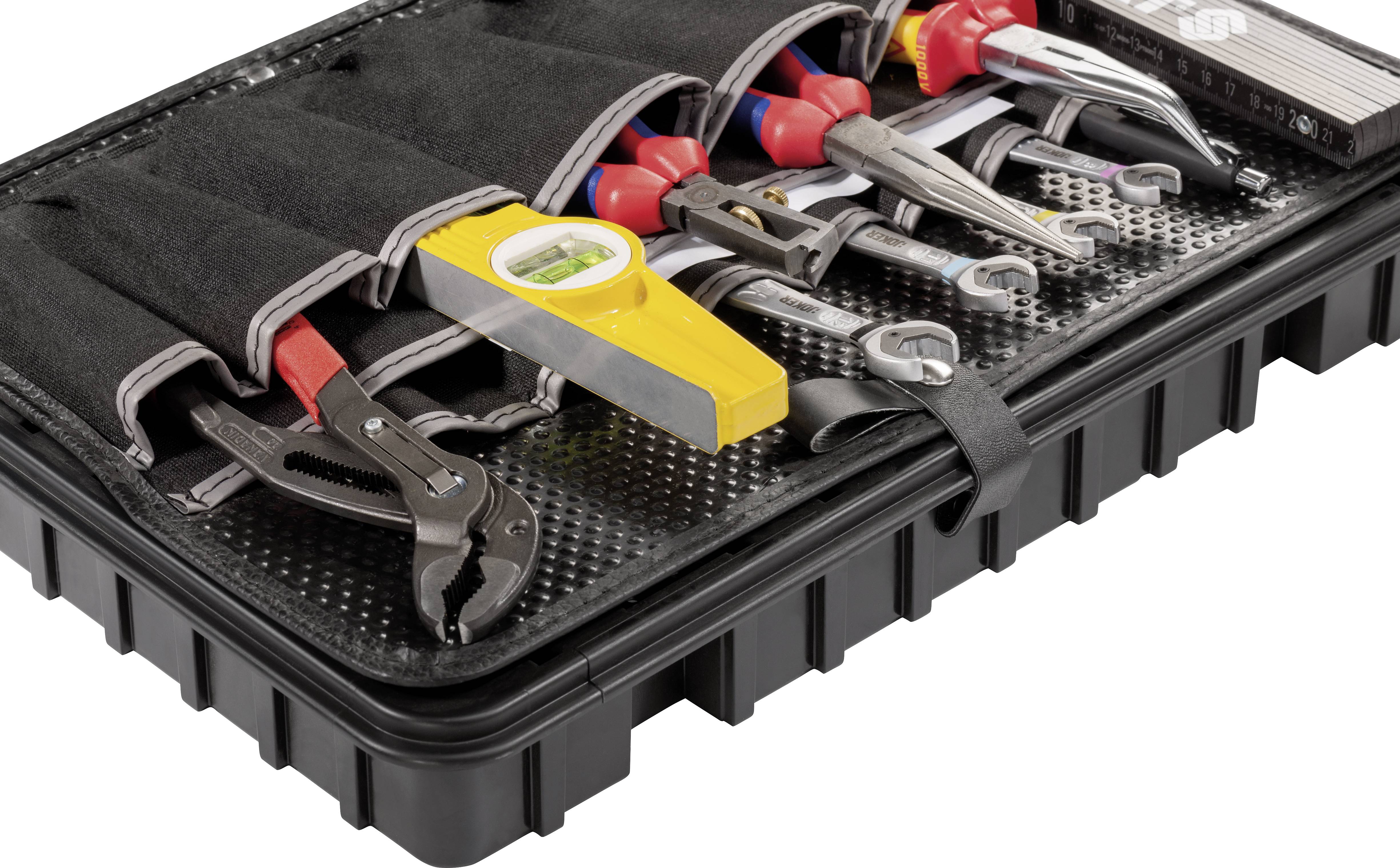 Toolbox with various tools such as pliers, screwdrivers and a spirit level, neatly organised in compartments.
