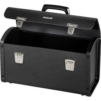 Black, open toolbox with two silver locks and a handle on top.