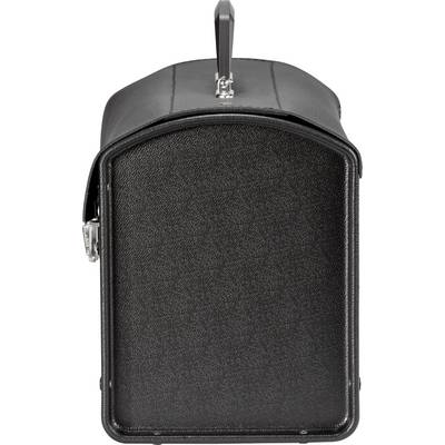 Black, rectangular handbag with a silver clasp, viewed from the side. Smooth surface and rounded top.