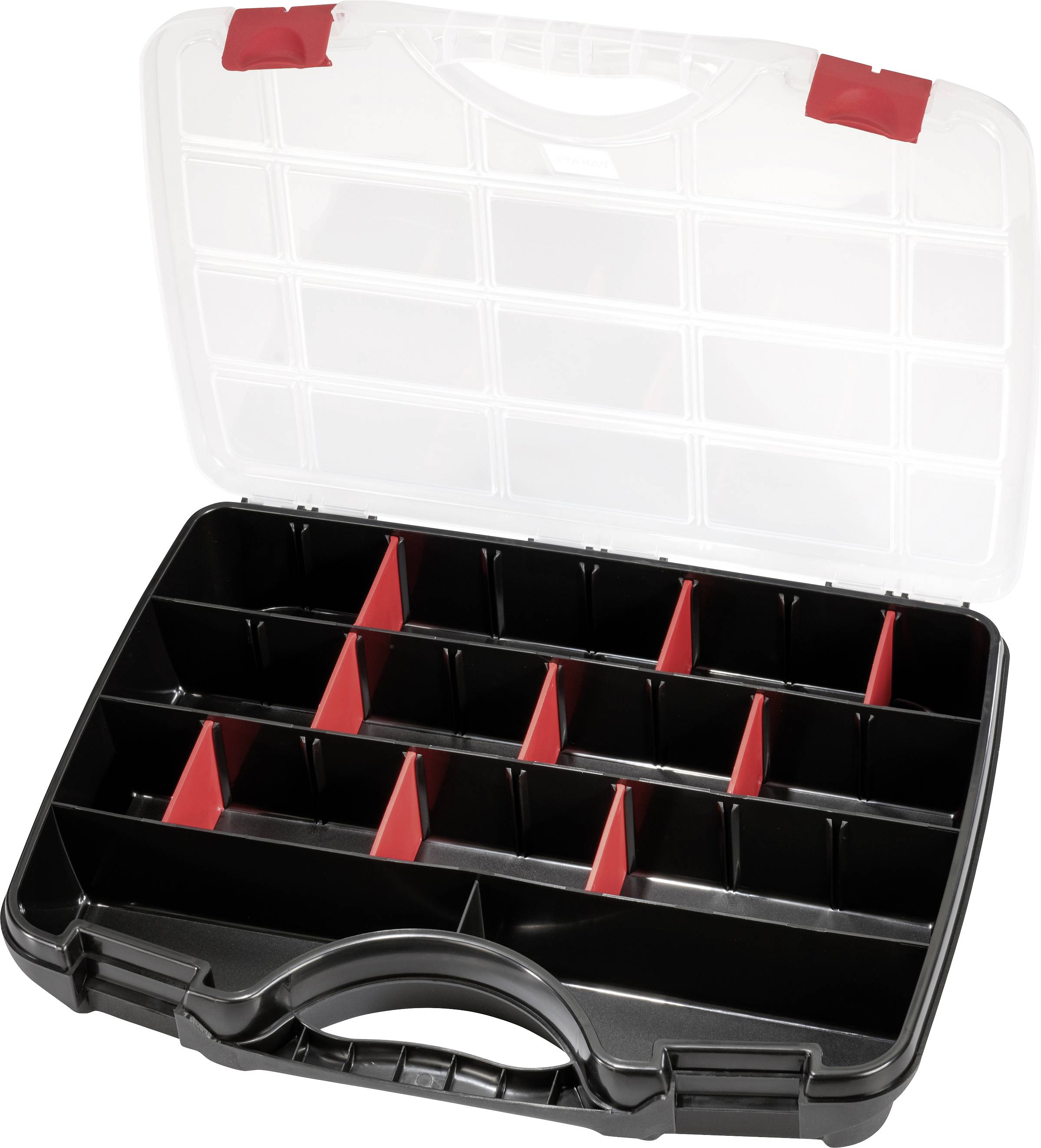 A black open compartment storage box with multiple sections and red dividers, designed for storing small items.