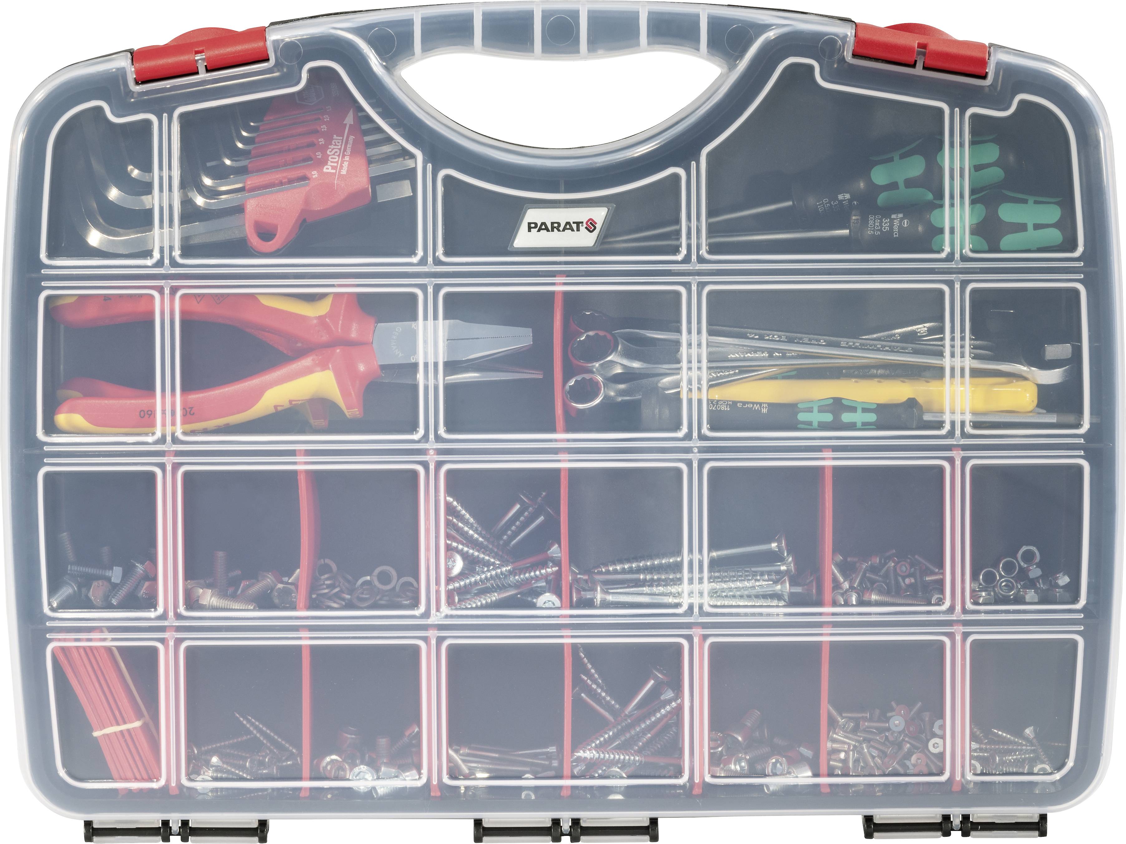 A transparent toolbox with red handles, filled with screwdrivers, pliers, and various screws and nuts.