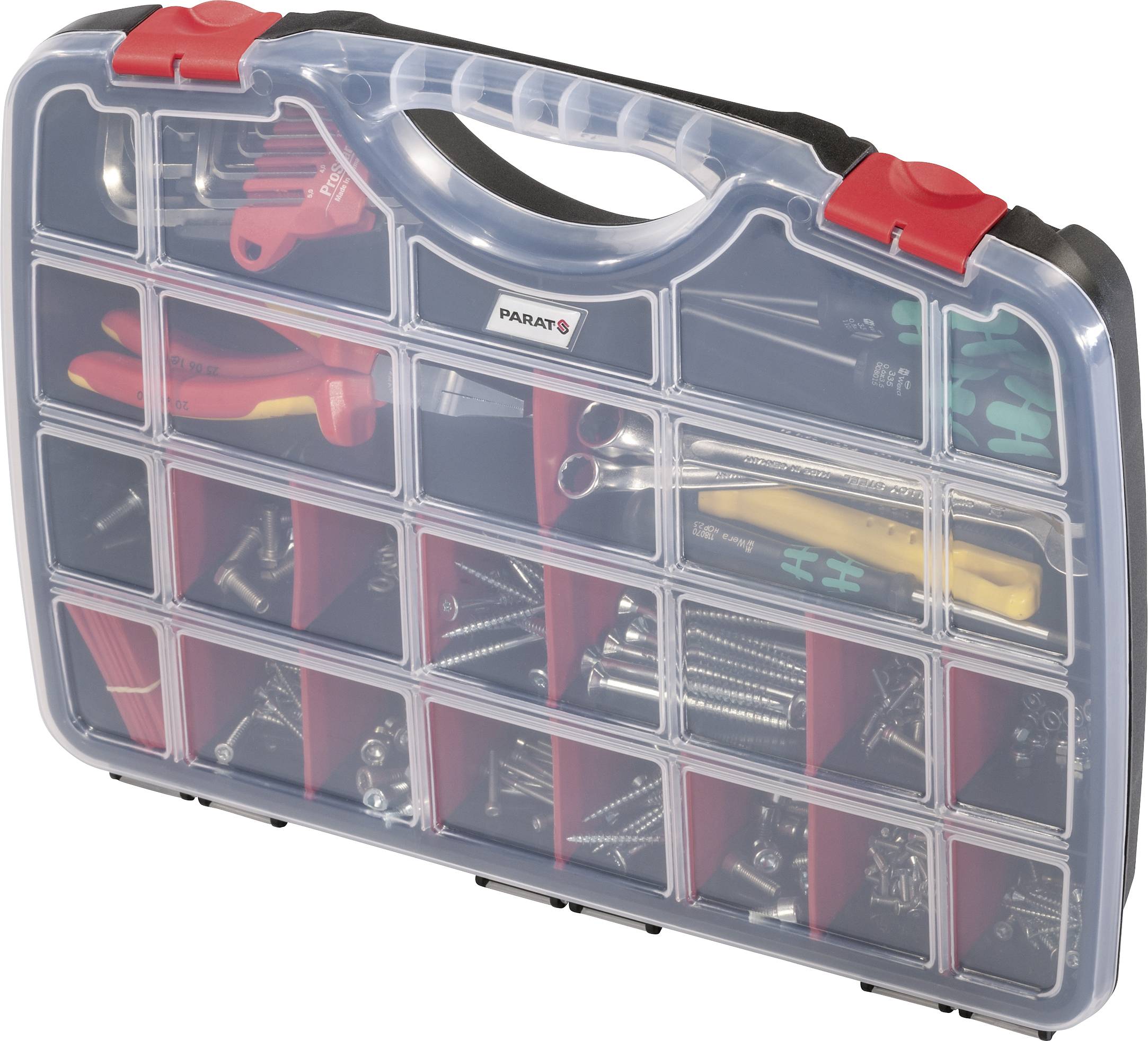 A transparent tool case with red compartments, filled with screws, nuts, and pliers, provides an orderly storage solution.
