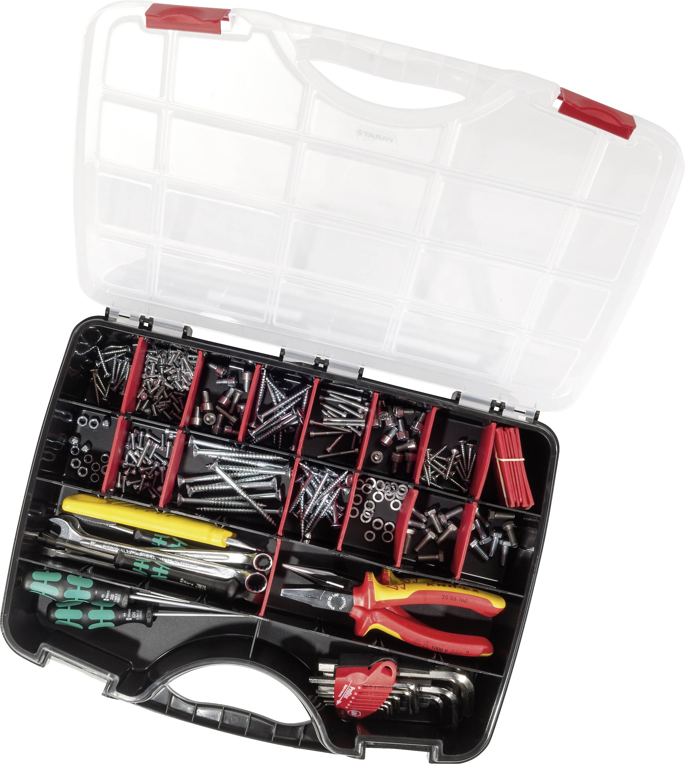 An open toolbox displays screws, nuts, wall plugs and various tools, including screwdrivers and a pair of pliers.