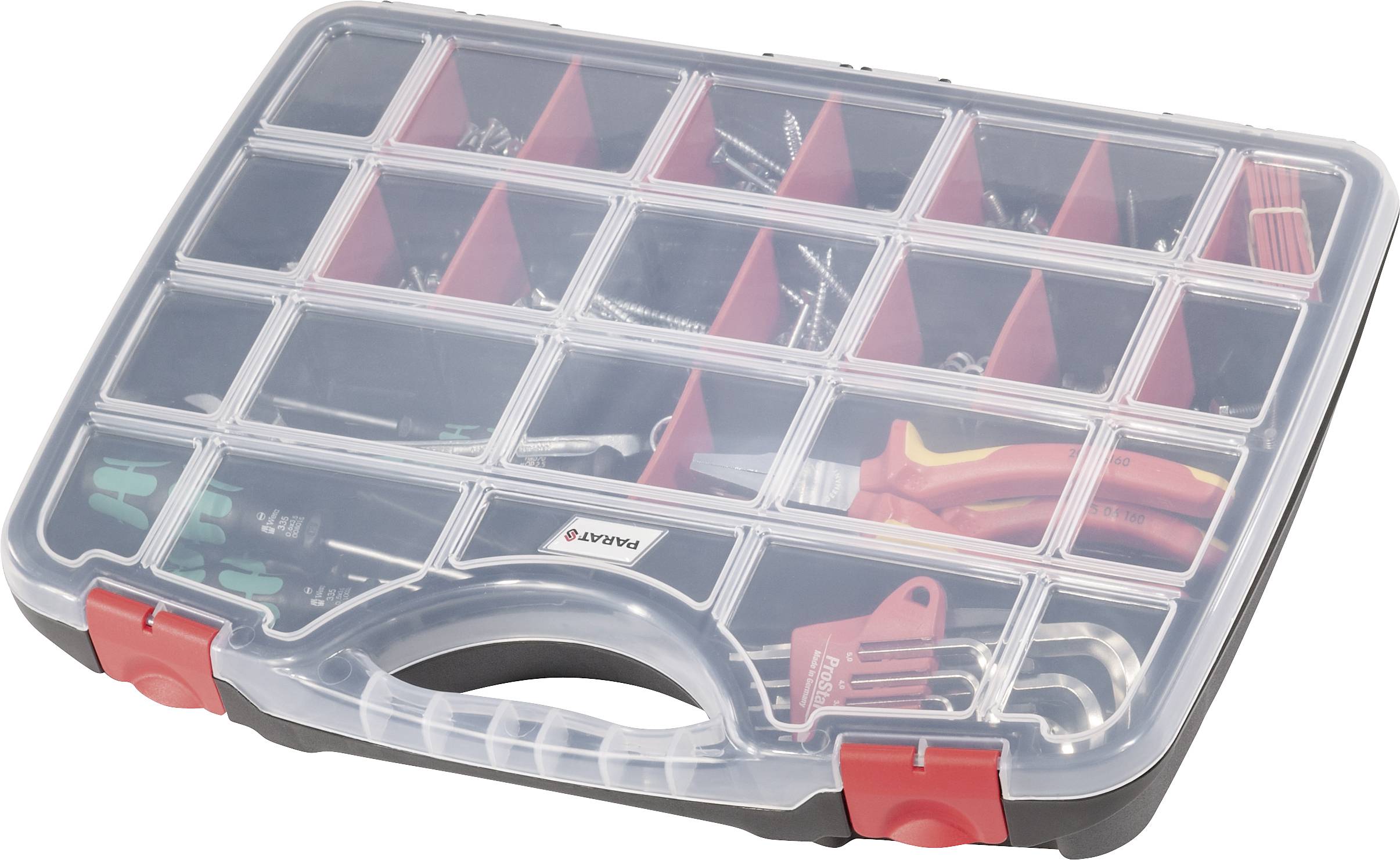 A transparent toolbox with black and red details, filled with various tools, including pliers and screwdrivers.