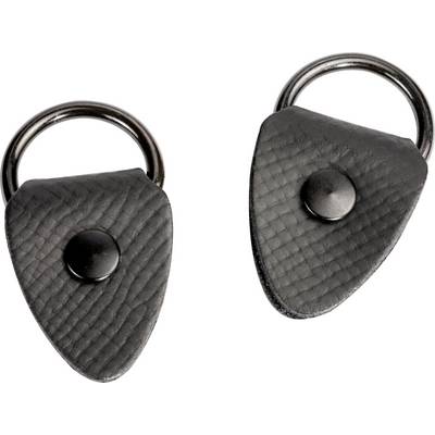 Two black, teardrop-shaped leather key fobs with metal rings, lying side by side.