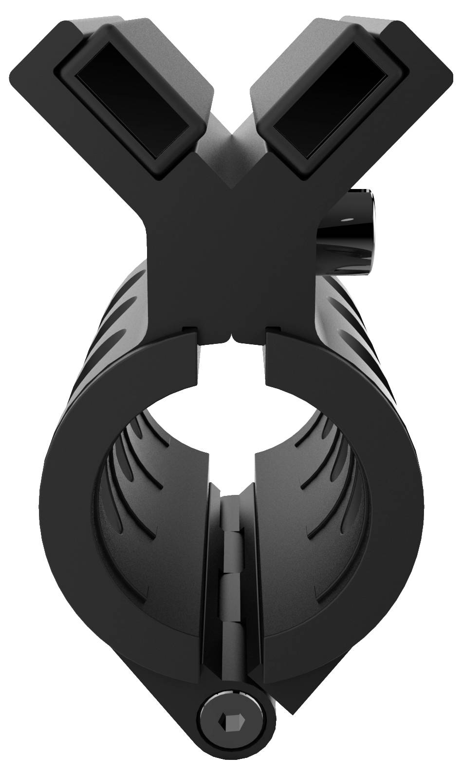 A black, cylindrical mounting bracket with a Y-shaped upper opening, suitable for attachment to round objects.