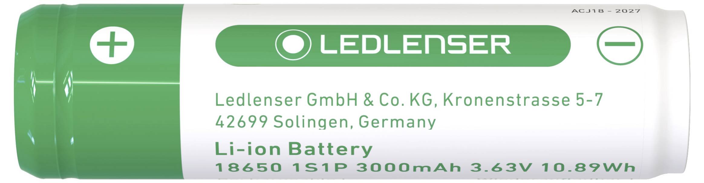 Green battery with 'LEDLENSER' logo, Type Li-Ion, 3000mAh, 3.63V. Manufacturer: Ledlenser GmbH & Co. KG, Solingen, Germany.
