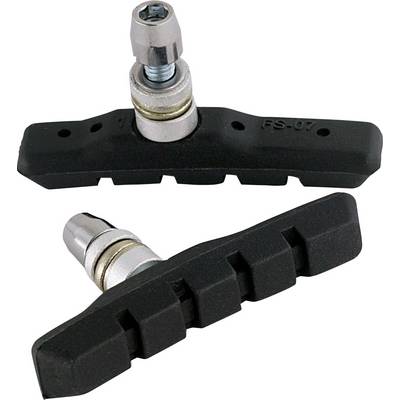 Two black bicycle brake pads with metal mountings, angled in relation to each other, on a white background.