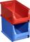 Two stackable plastic boxes, one red on top and one blue underneath. They are open and can be used for storing items.