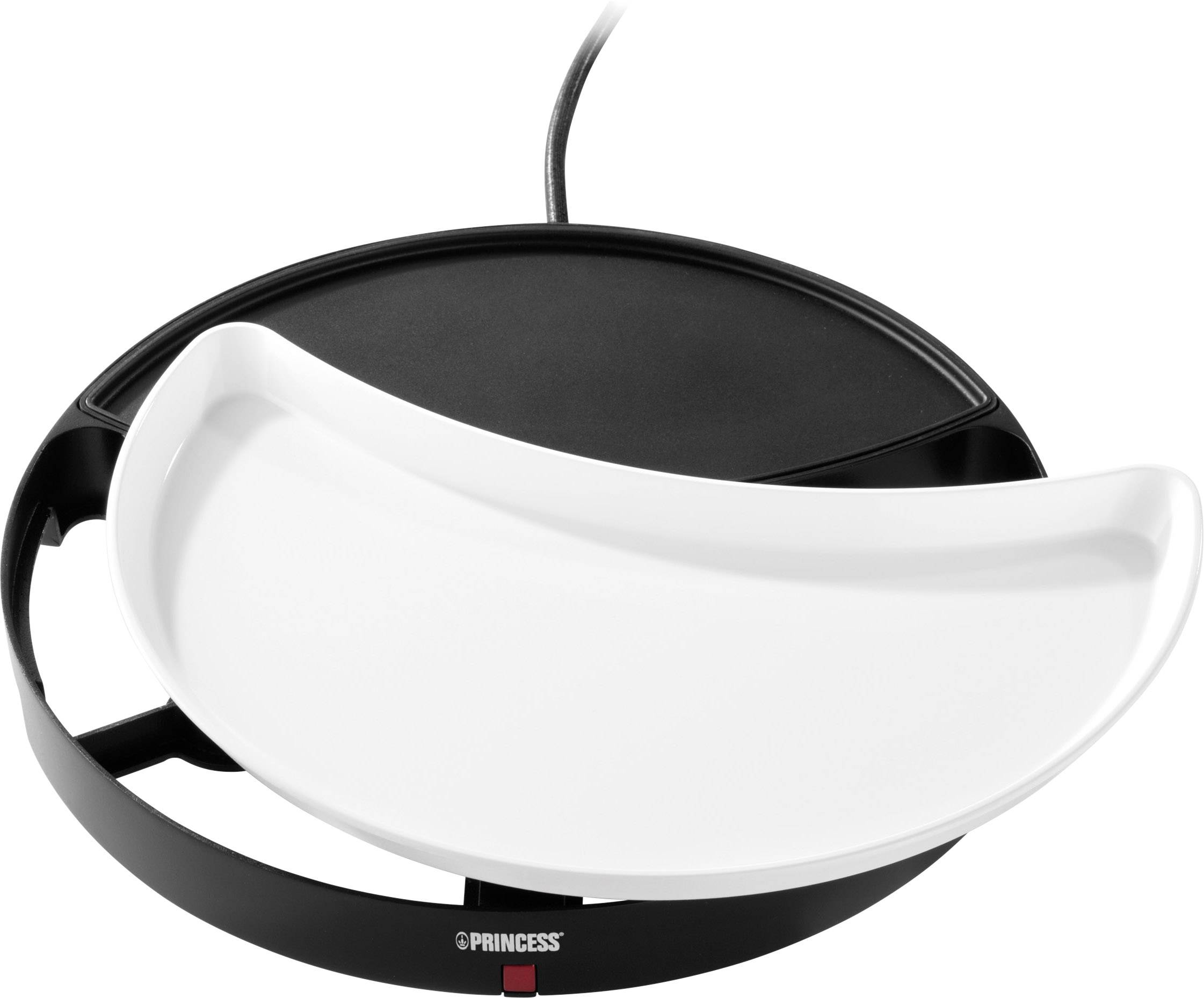 A white plate rests on a round, black electric plate warmer. A cable protrudes from the device.