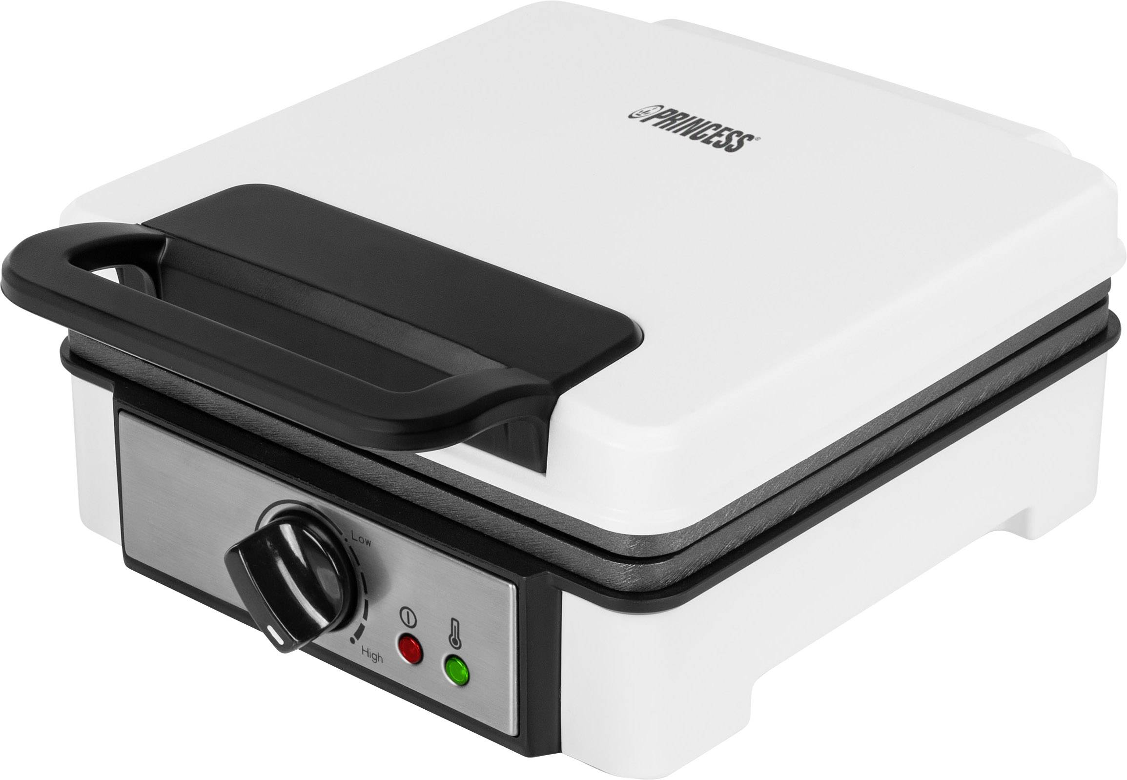 White electric waffle maker with black handle and control knob. Two indicator lights for operation and temperature display.