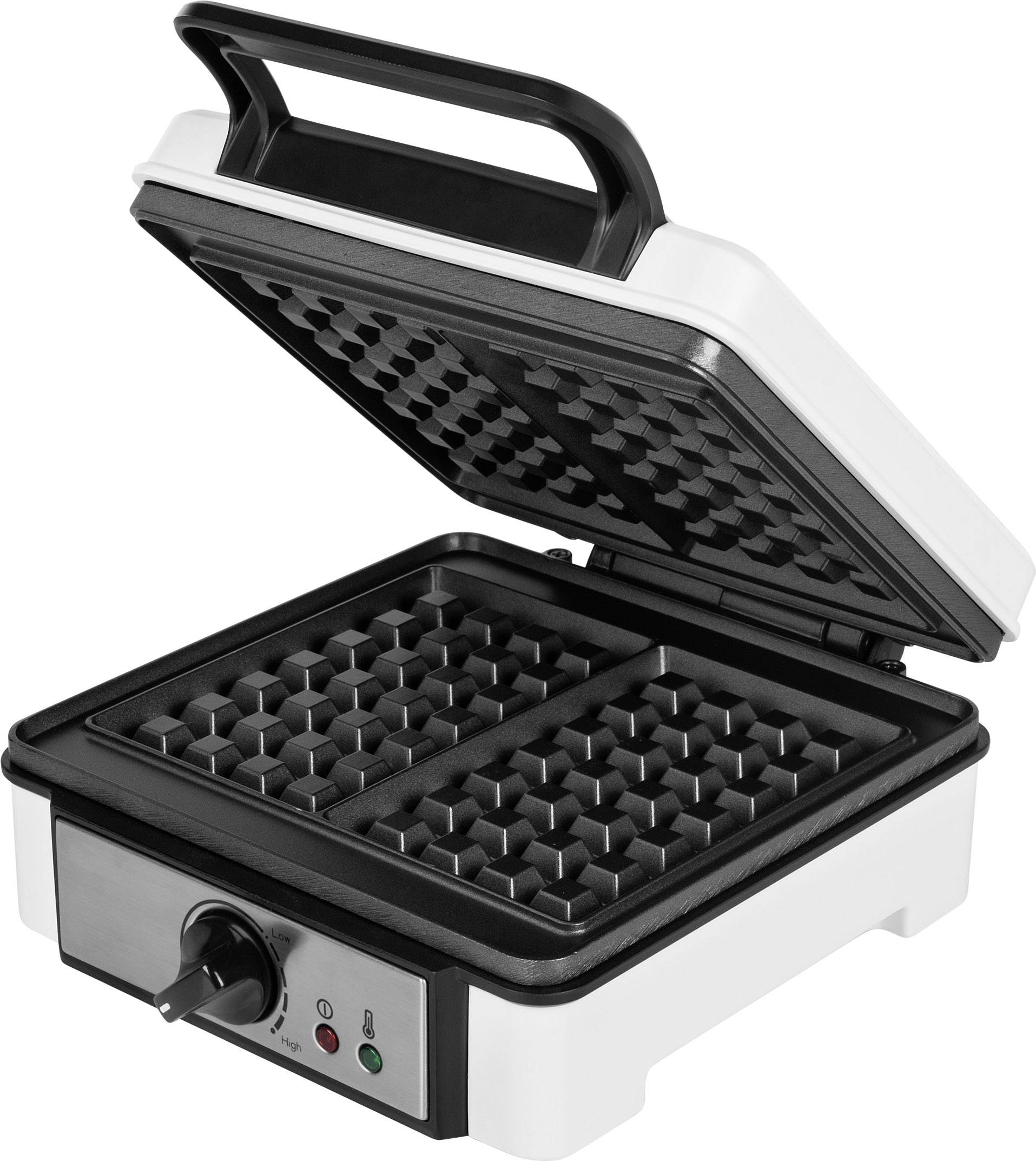 Open waffle maker with non-stick coating and temperature control, ready for use.