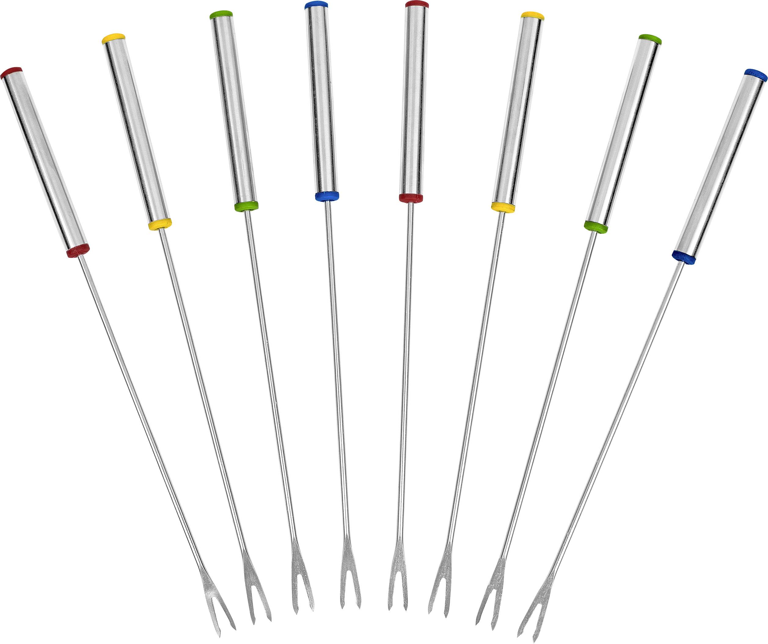 Eight fondue forks with coloured handles in red, yellow, green and blue, evenly arranged in a fan-like pattern.