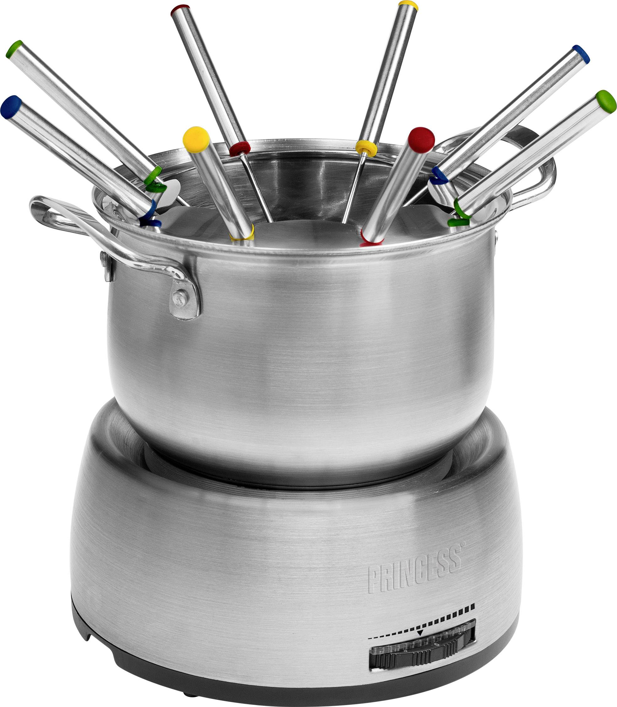 A stainless steel electric fondue pot with nine skewers, each marked with a coloured dot for easy identification.