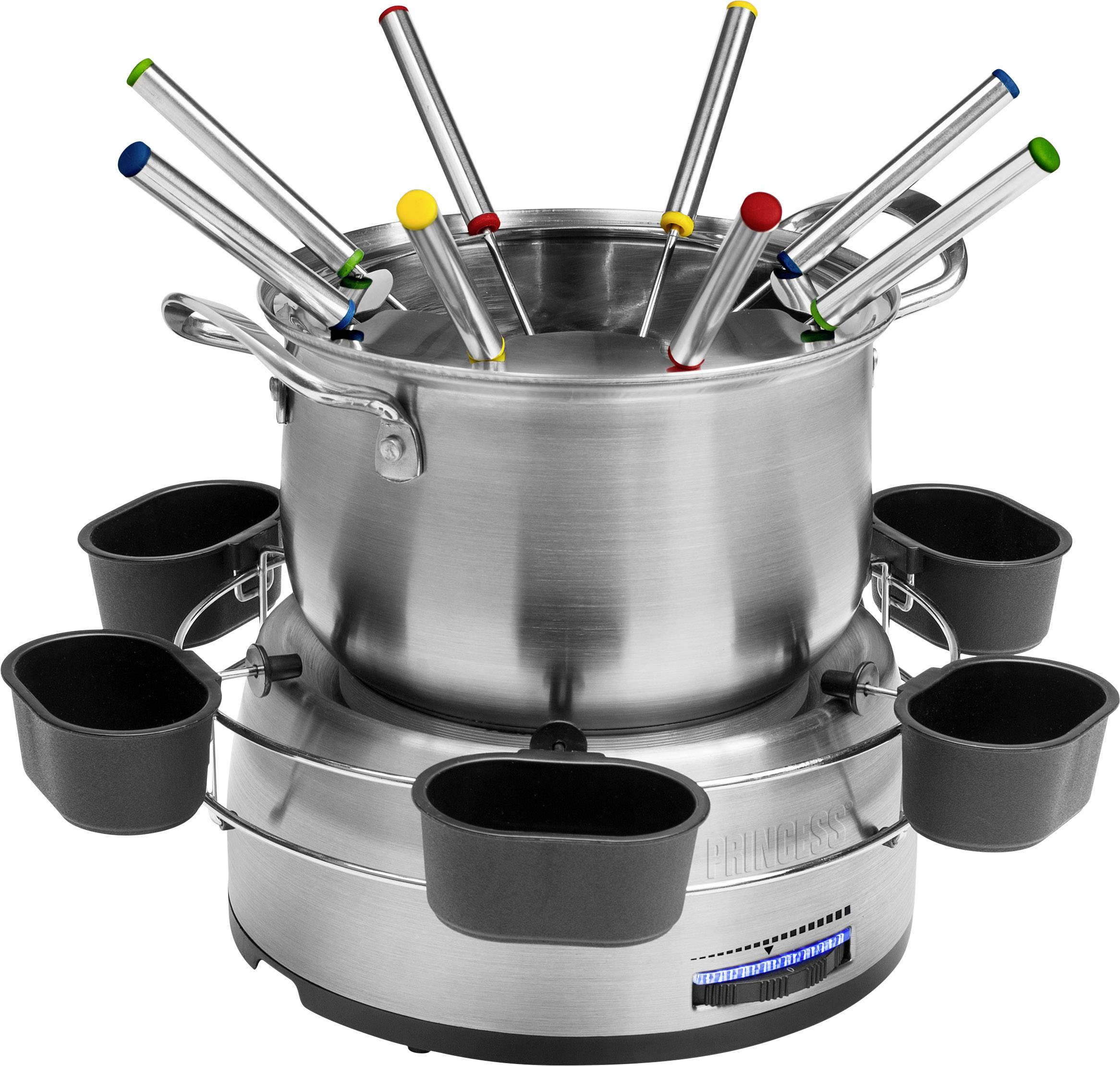 A silver fondue pot with eight colourful fondue forks and six black ramekins on a round base.