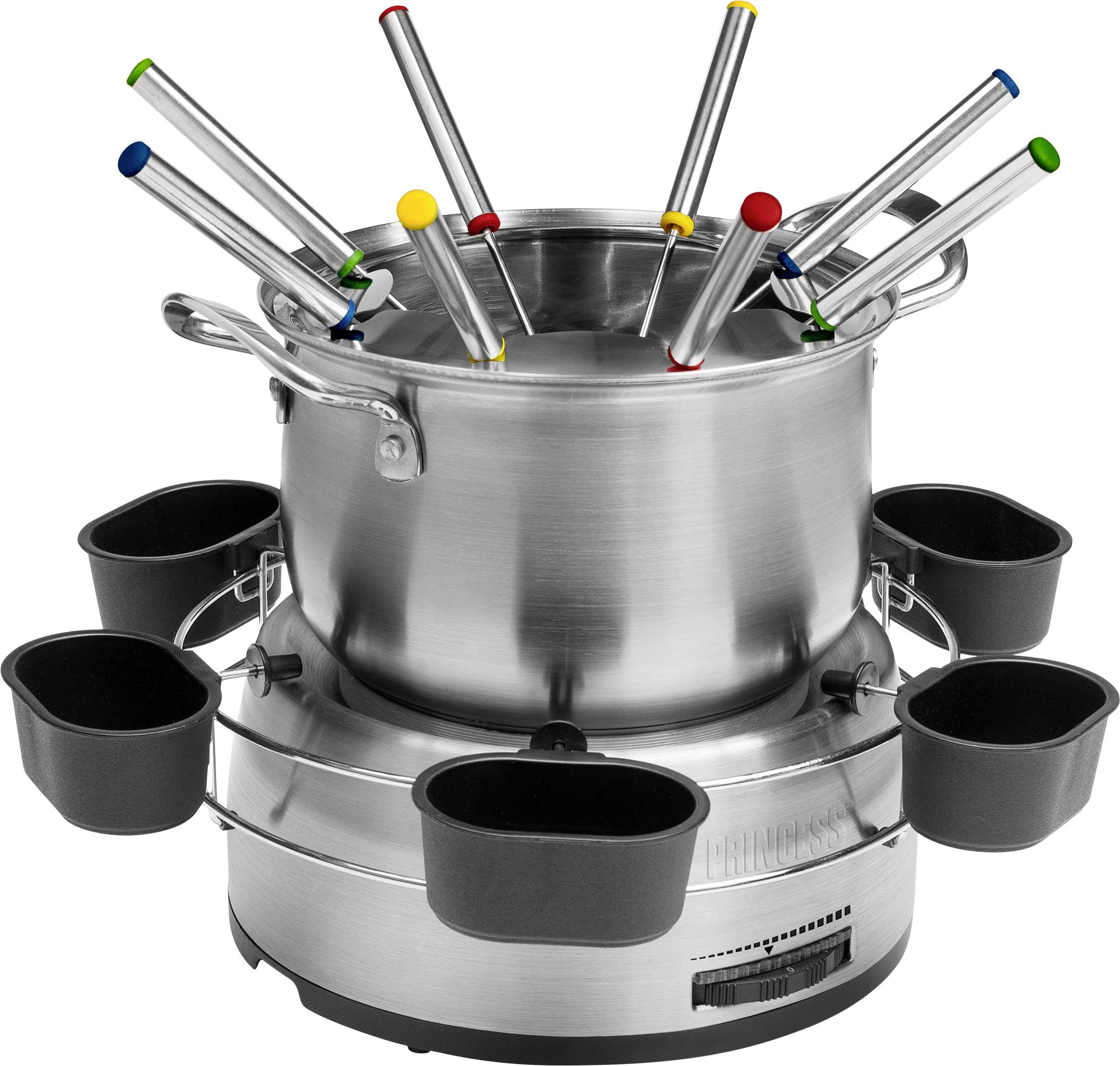 A silver fondue pot with several long forks, each with a coloured dot on top. The pot is situated on a heated stand.