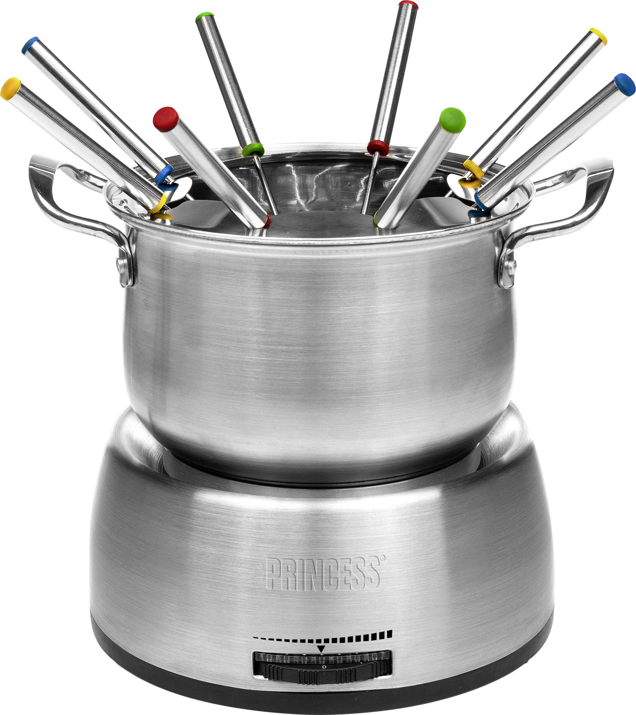 A stainless steel fondue set on a heating plate, with eight colour-coded fondue forks, used for communal dining.