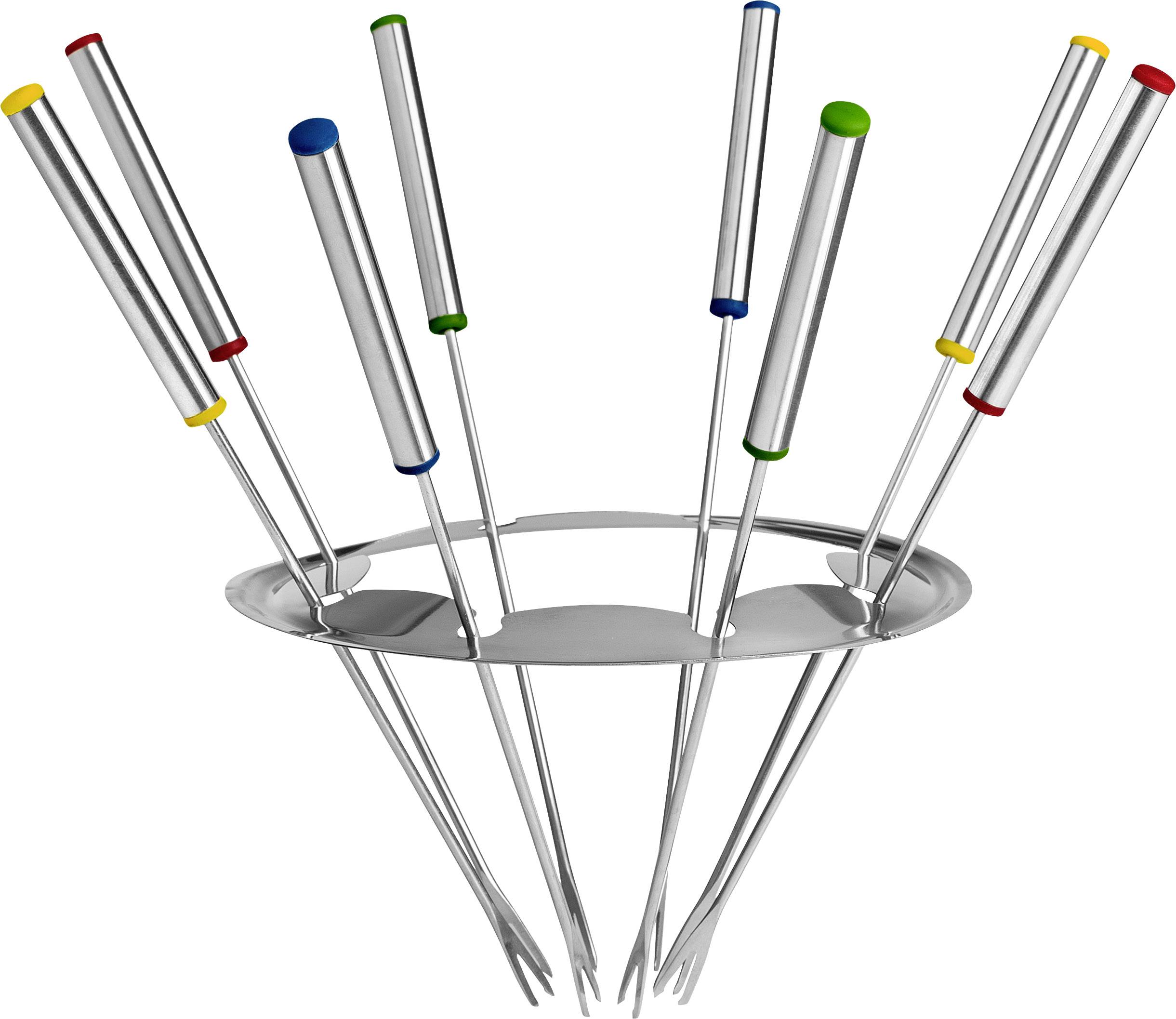 Fondue forks in a holder, each with a coloured spot on the handle for identification. They are made of metal and are used for dipping.