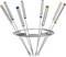 Fondue forks in a holder, each with a coloured spot on the handle for identification. They are made of metal and are used for dipping.